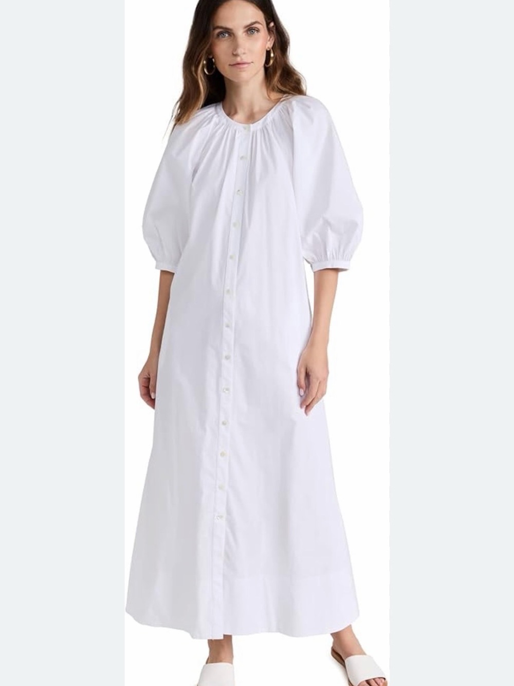 STAUD White Button-Front Maxi Dress with Puff Sleeves Size Small